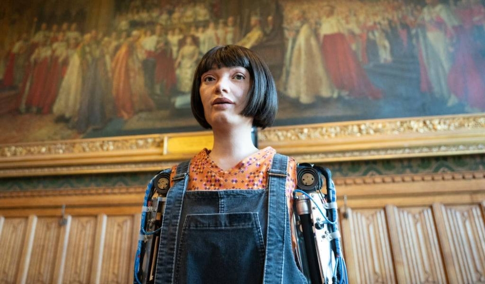 Ai-Da Robot poses for pictures in the Houses of Parliament in London before making history as the first robot to speak at the House of Lords. AI-Da Robots maiden speech will explore the role of machine learning, machine creativity and Artificial Intelligence within the UKs creative industries. Picture date: Tuesday October 11, 2022. (Photo by Stefan Rousseau/PA Images via Getty Images)